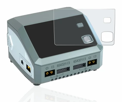 Image of the device SkyRc D200 neo with a wide variety of screen protectors.