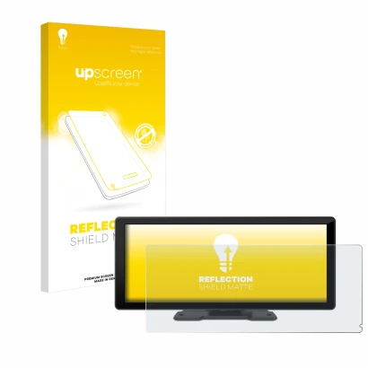 Front side of a product packaging with the brand logo upscreen. Next to it is the device Carpuride W103 10.3" shown with the c