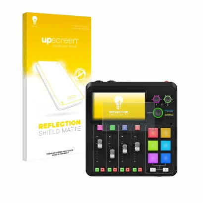 Front side of a product packaging with the brand logo upscreen. Next to it is the device Rode Rodecaster Duo shown with the co