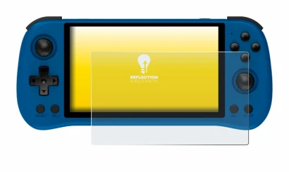 Image of the device Powkiddy X55 with a wide variety of screen protectors.