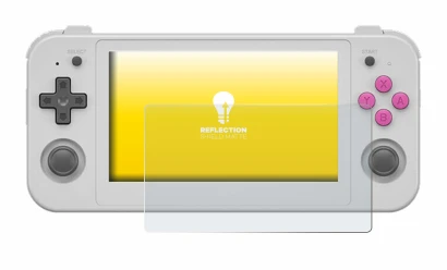 Image of the device Anbernic RG505 with a wide variety of screen protectors.