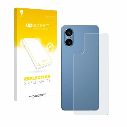 Front side of a product packaging with the brand logo upscreen. Next to it is the device Sony Xperia 5 V (Back) shown with the