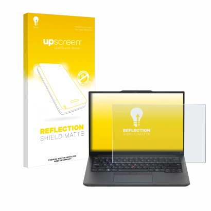 Front side of a product packaging with the brand logo upscreen. Next to it is the device Lenovo ThinkPad E14 Gen 5 shown with 