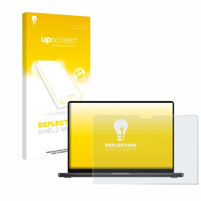 Front side of a product packaging with the brand logo upscreen. Next to it is the device Apple MacBook Pro 14