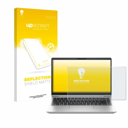 Front side of a product packaging with the brand logo upscreen. Next to it is the device HP ProBook 445 G10 shown with the cor