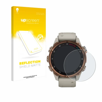 Front side of a product packaging with the brand logo upscreen. Next to it is the device Garmin Descent Mk3 (43 mm) shown with