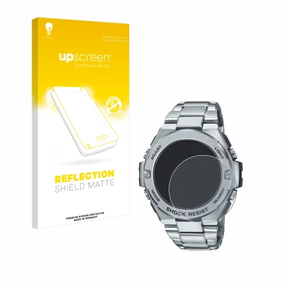 Front side of a product packaging with the brand logo upscreen. Next to it is the device Casio G-Shock GST-B500D-1A shown with
