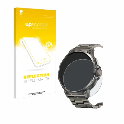 Front side of a product packaging with the brand logo upscreen. Next to it is the device Tesofit Smartwatch 1.85" (round) show