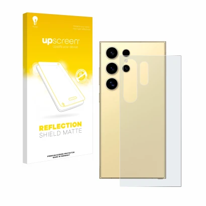 Front side of a product packaging with the brand logo upscreen. Next to it is the device Samsung Galaxy S24 Ultra (Back) shown