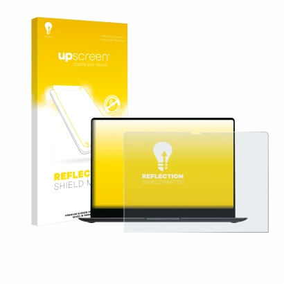 Front side of a product packaging with the brand logo upscreen. Next to it is the device Samsung Galaxy Book4 Pro 14" shown wi