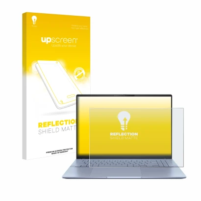 Front side of a product packaging with the brand logo upscreen. Next to it is the device ASUS Vivobook S16 OLED S5606 shown wi