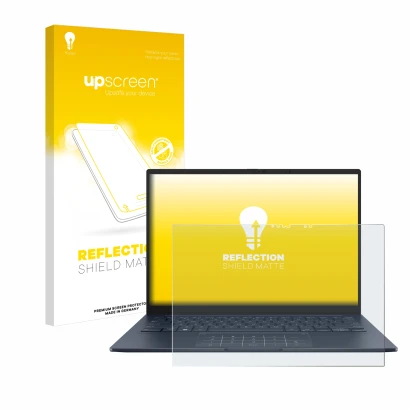 Front side of a product packaging with the brand logo upscreen. Next to it is the device ASUS ZenBook 14 OLED UX3405 Touch sho