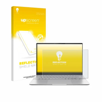 Front side of a product packaging with the brand logo upscreen. Next to it is the device ASUS Vivobook S 14 OLED M5406 shown w