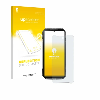 Front side of a product packaging with the brand logo upscreen. Next to it is the device Doogee V40 Pro shown with the corresp