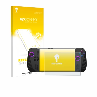 Front side of a product packaging with the brand logo upscreen. Next to it is the device ASUS ROG Ally X (2024) shown with the