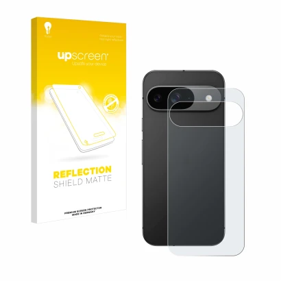 Front side of a product packaging with the brand logo upscreen. Next to it is the device Google Pixel 9 (Back) shown with the 