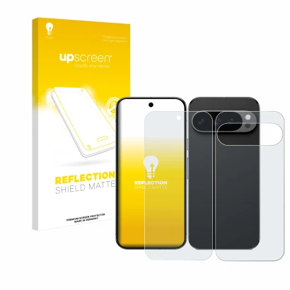 Front side of a product packaging with the brand logo upscreen. Next to it is the device Google Pixel 9 Pro (Front+Back) shown