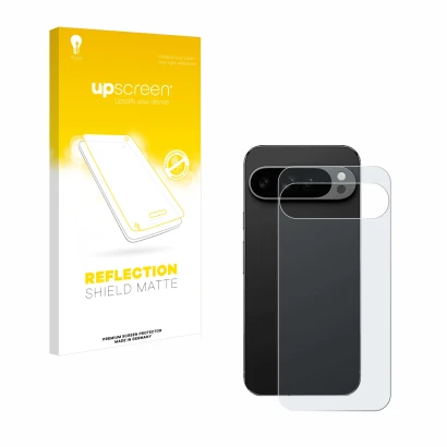 Front side of a product packaging with the brand logo upscreen. Next to it is the device Google Pixel 9 Pro XL (Back) shown wi