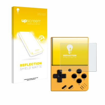 Front side of a product packaging with the brand logo upscreen. Next to it is the device Miyoo Mini V4 shown with the correspo