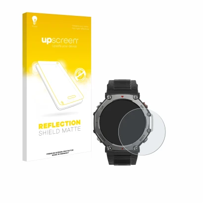 Front side of a product packaging with the brand logo upscreen. Next to it is the device Huami Amazfit T-Rex 3 shown with the 