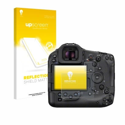 Front side of a product packaging with the brand logo upscreen. Next to it is the device Canon EOS R1 shown with the correspon