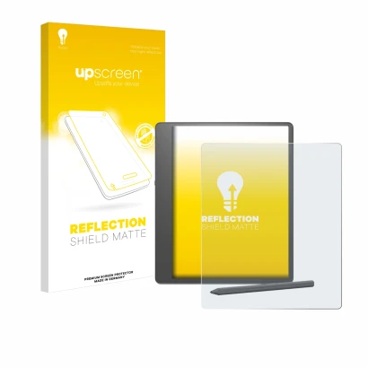 Front side of a product packaging with the brand logo upscreen. Next to it is the device Amazon Kindle Scribe 2024 shown with 