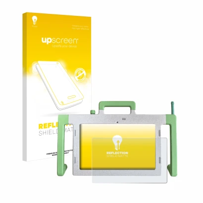 Front side of a product packaging with the brand logo upscreen. Next to it is the device Telemarie Tablet 10.1" shown with the