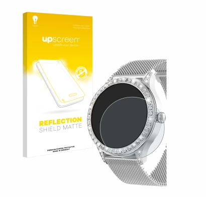 Front side of a product packaging with the brand logo upscreen. Next to it is the device Powerwill Smartwatch 1.27" shown with