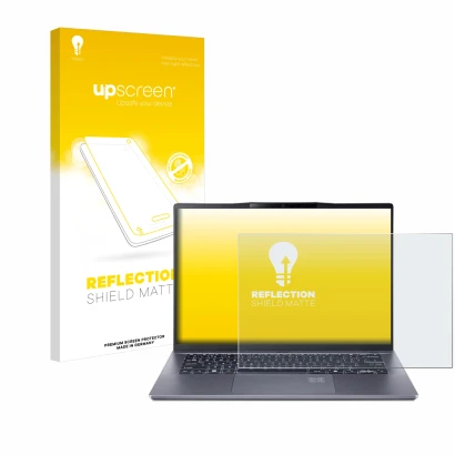 Front side of a product packaging with the brand logo upscreen. Next to it is the device Acer Swift Go 14 AI shown with the co