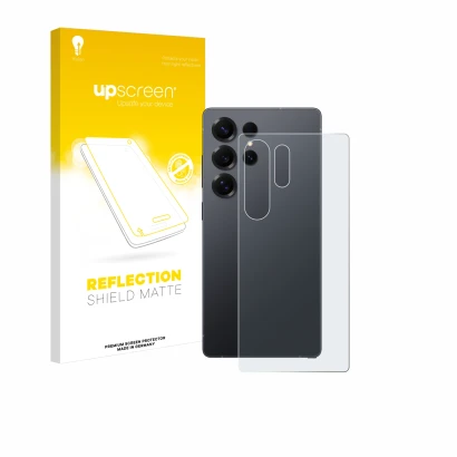 Front side of a product packaging with the brand logo upscreen. Next to it is the device Samsung Galaxy S25 Ultra (Back) shown