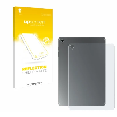 Front side of a product packaging with the brand logo upscreen. Next to it is the device Samsung Galaxy Tab S10 FE+ (Back) sho
