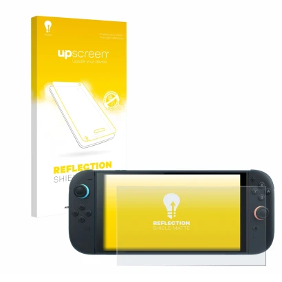 Front side of a product packaging with the brand logo upscreen. Next to it is the device Nintendo Switch 2 shown with the corr