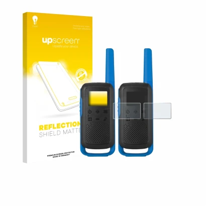 Front side of a product packaging with the brand logo upscreen. Next to it is the device Motorola TALKABOUT T62 shown with the