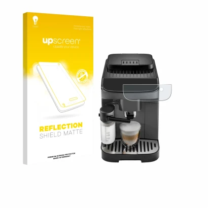 Front side of a product packaging with the brand logo upscreen. Next to it is the device DeLonghi Magnifica Evo shown with the