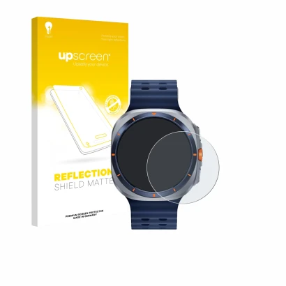 Front side of a product packaging with the brand logo upscreen. Next to it is the device Samsung Galaxy Watch Ultra 2025 (47 m