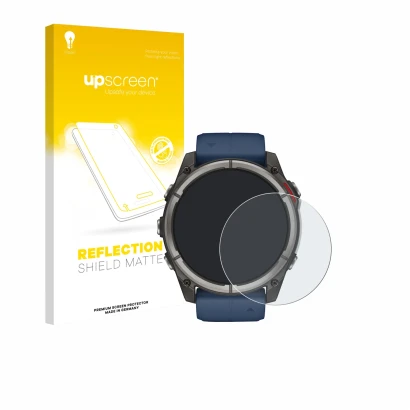 Front side of a product packaging with the brand logo upscreen. Next to it is the device Garmin quatix 8 (51 mm) shown with th
