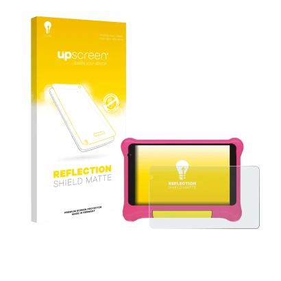 Front side of a product packaging with the brand logo upscreen. Next to it is the device Happybe Kids Tablet 7" shown with the
