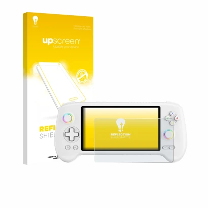 Front side of a product packaging with the brand logo upscreen. Next to it is the device Anbernic RG556 shown with the corresp