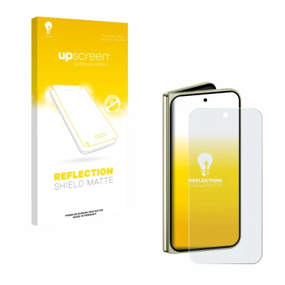 Front side of a product packaging with the brand logo upscreen. Next to it is the device Google Pixel 10 Pro Fold shown with t