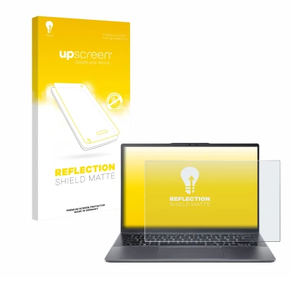 Front side of a product packaging with the brand logo upscreen. Next to it is the device Acer Swift Go 14 OLED shown with the