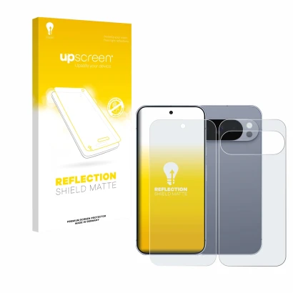 Front side of a product packaging with the brand logo upscreen. Next to it is the device Google Pixel 10 Pro (Front+Back) show