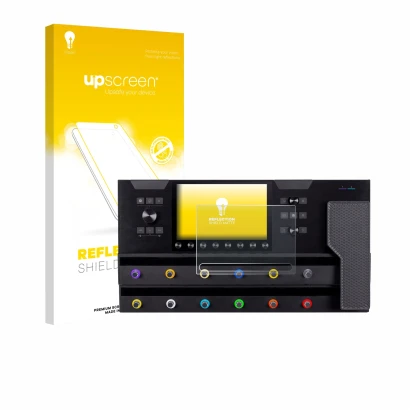 Front side of a product packaging with the brand logo upscreen. Next to it is the device Line 6 Helix Stadium XL shown with th
