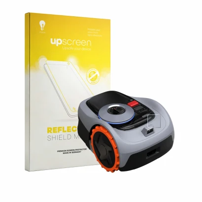 Front side of a product packaging with the brand logo upscreen. Next to it is the device Navimow i105E+ shown with the corresp