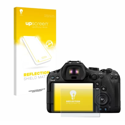 Front side of a product packaging with the brand logo upscreen. Next to it is the device Canon EOS R6 Mark III shown with the