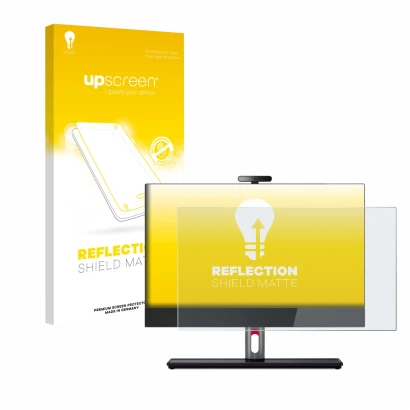 Front side of a product packaging with the brand logo upscreen. Next to it is the device Lenovo ThinkCentre M90a Gen 5 23,8" s