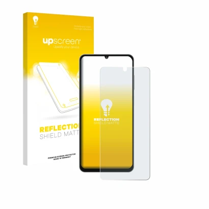 Front side of a product packaging with the brand logo upscreen. Next to it is the device Samsung Galaxy M06 shown with the cor
