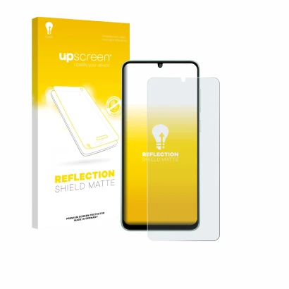 Front side of a product packaging with the brand logo upscreen. Next to it is the device Samsung Galaxy M05 shown with the cor