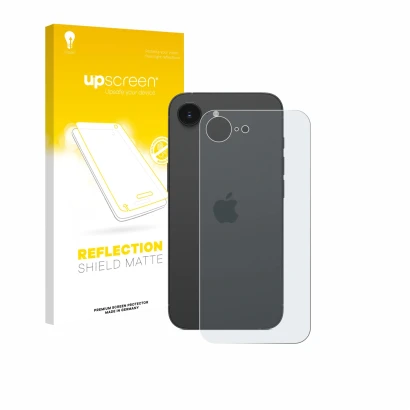 Front side of a product packaging with the brand logo upscreen. Next to it is the device Apple iPhone 17e (Back) shown with th