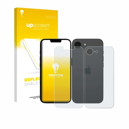 Front side of a product packaging with the brand logo upscreen. Next to it is the device Apple iPhone 17e (Front+Back) shown w