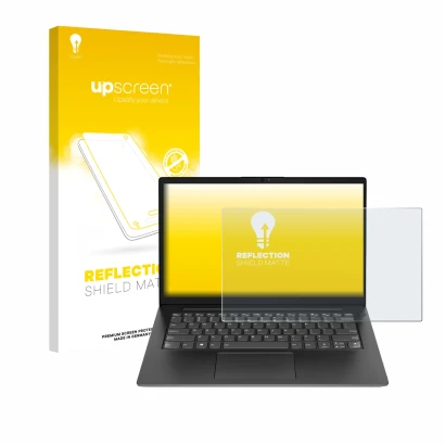 Front side of a product packaging with the brand logo upscreen. Next to it is the device Lenovo V14 Gen 5 shown with the corre